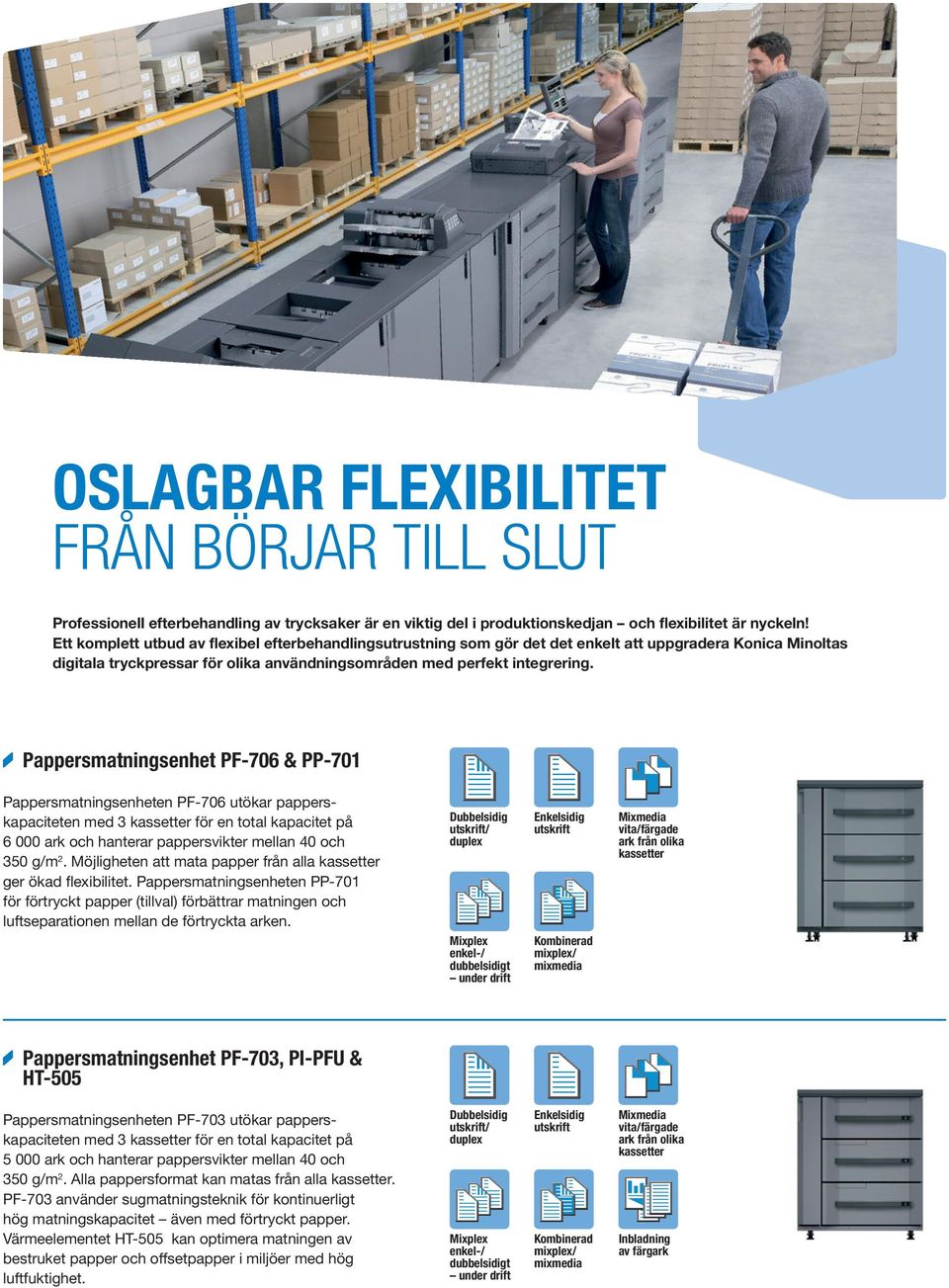 Pappersmatningsenhet PF-706 & PP-701 Pappersmatningsenheten PF-706 utökar papperskapaciteten med 3 kassetter för en total kapacitet på 6 000 ark och hanterar pappersvikter mellan 40 och 350 g/m 2.