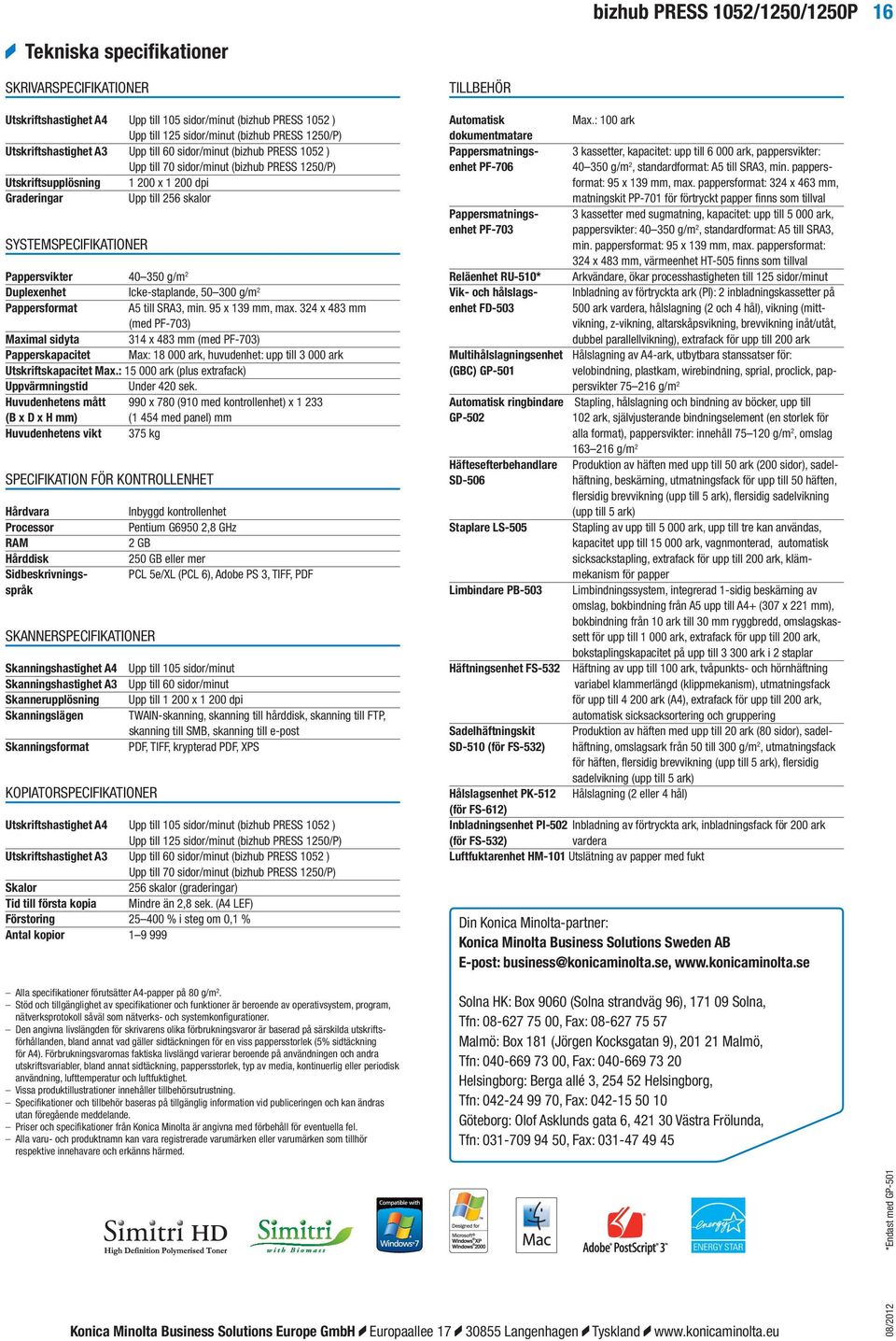 SYSTEMSPECIFIKATIONER Pappersvikter 40 350 g/m 2 Duplexenhet Icke-staplande, 50 300 g/m 2 Pappersformat A5 till SRA3, min. 95 x 139 mm, max.