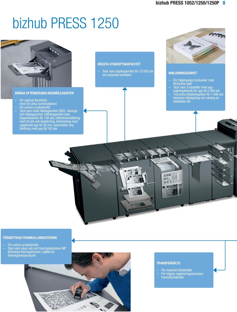 automatisk ringbindning med upp till 102 ark Tack vare staplingsenhet för 15 000 ark och separata extrafack INBLADNINGSENHET För högklassiga trycksaker med förtryckta blad Tack vare 3 kassetter med