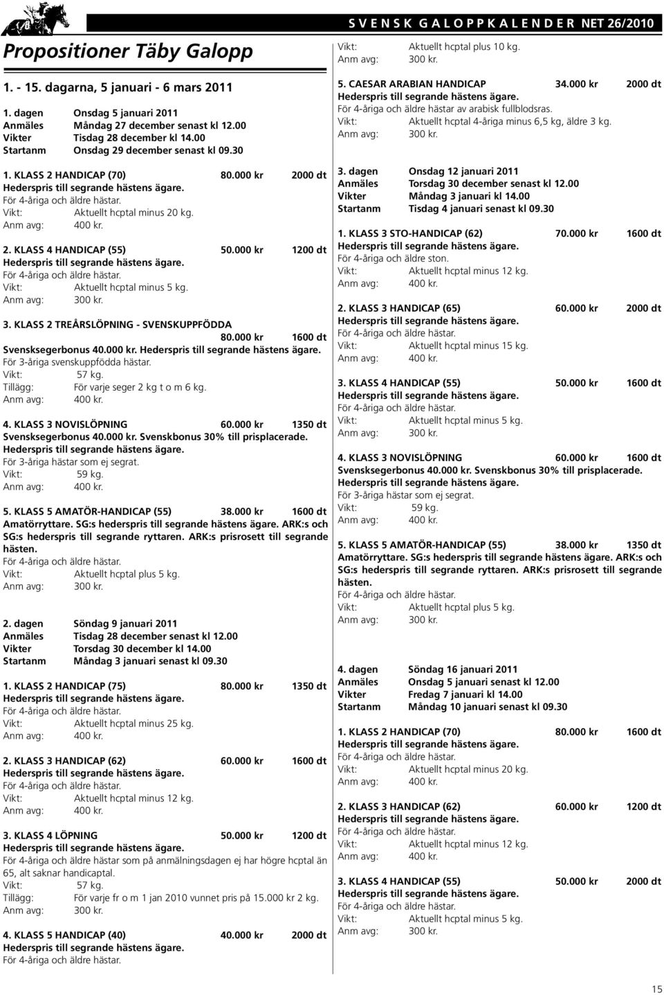 000 2000 dt För 4-åriga och äldre hästar av arabisk fullblodsras. Aktuellt hcptal 4-åriga minus 6,5 kg, äldre 3 kg. 1. KLASS 2 HANDICAP (70) 80.000 2000 dt Aktuellt hcptal minus 20 kg. 2. KLASS 4 HANDICAP (55) 50.