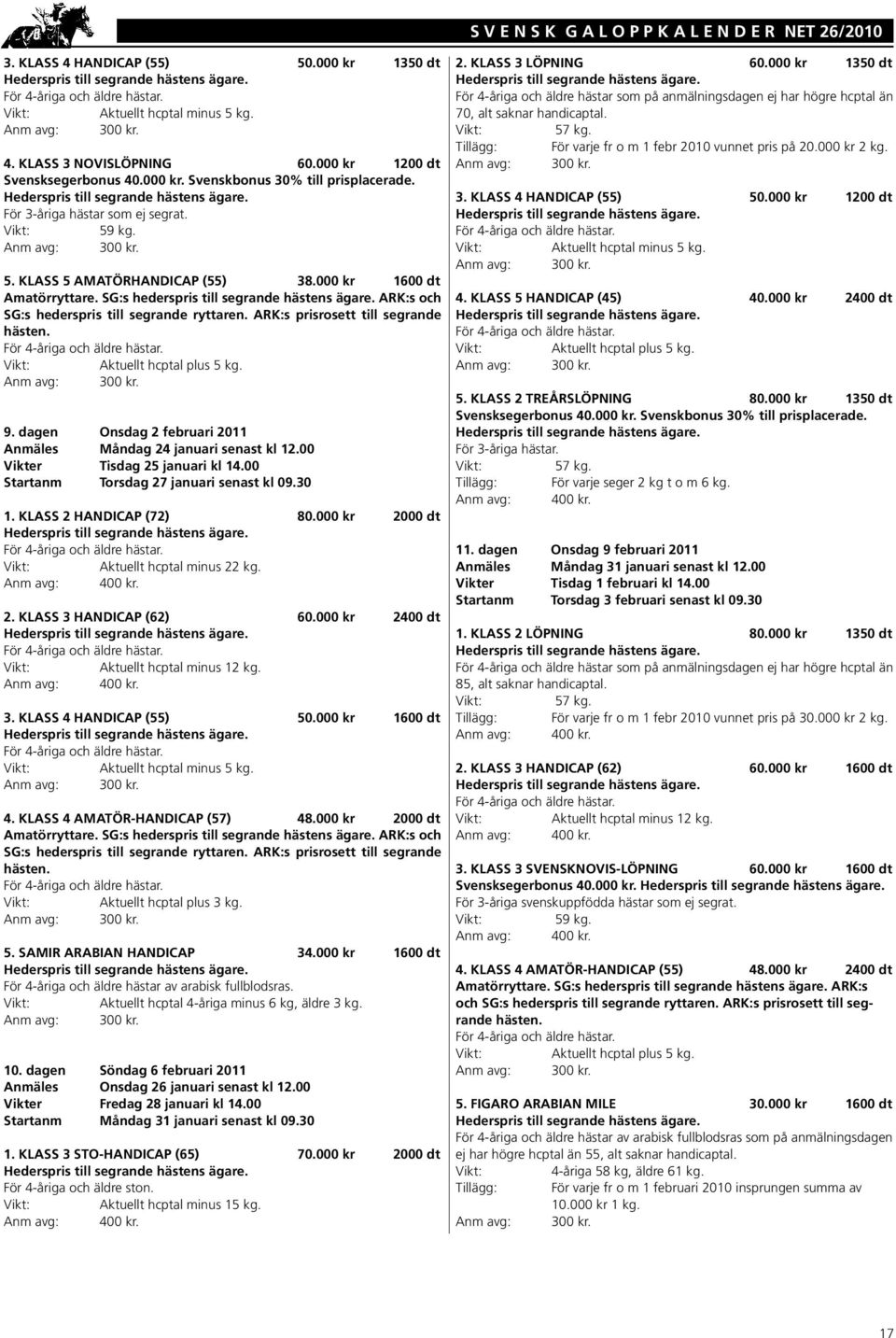 ARK:s prisrosett till segrande hästen. Aktuellt hcptal plus 5 kg. 9. dagen Onsdag 2 februari 2011 Anmäles Måndag 24 januari senast kl 12.00 Vikter Tisdag 25 januari kl 14.