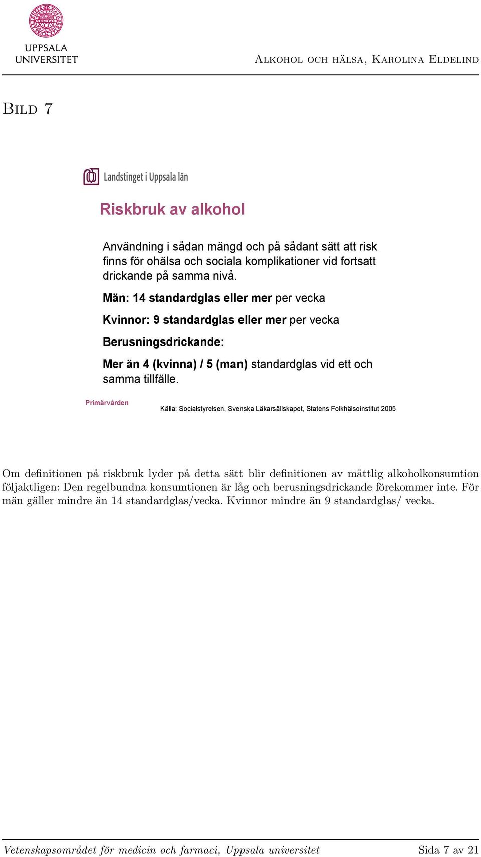 Källa: Socialstyrelsen, Svenska Läkarsällskapet, Statens Folkhälsoinstitut 2005 Om definitionen på riskbruk lyder på detta sätt blir definitionen av måttlig alkoholkonsumtion följaktligen: