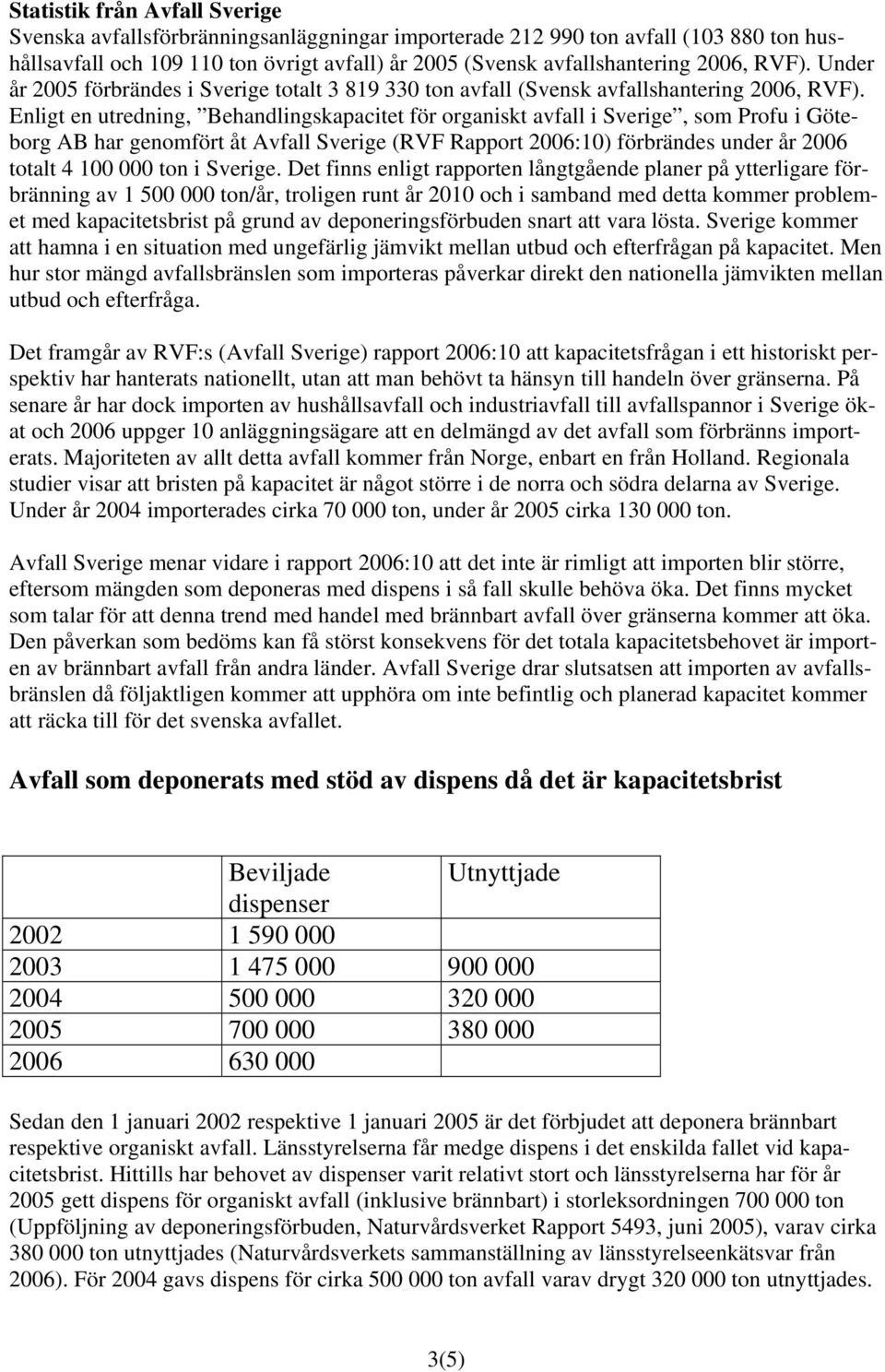 Enligt en utredning, Behandlingskapacitet för organiskt avfall i Sverige, som Profu i Göteborg AB har genomfört åt Avfall Sverige (RVF Rapport 2006:10) förbrändes under år 2006 totalt 4 100 000 ton i