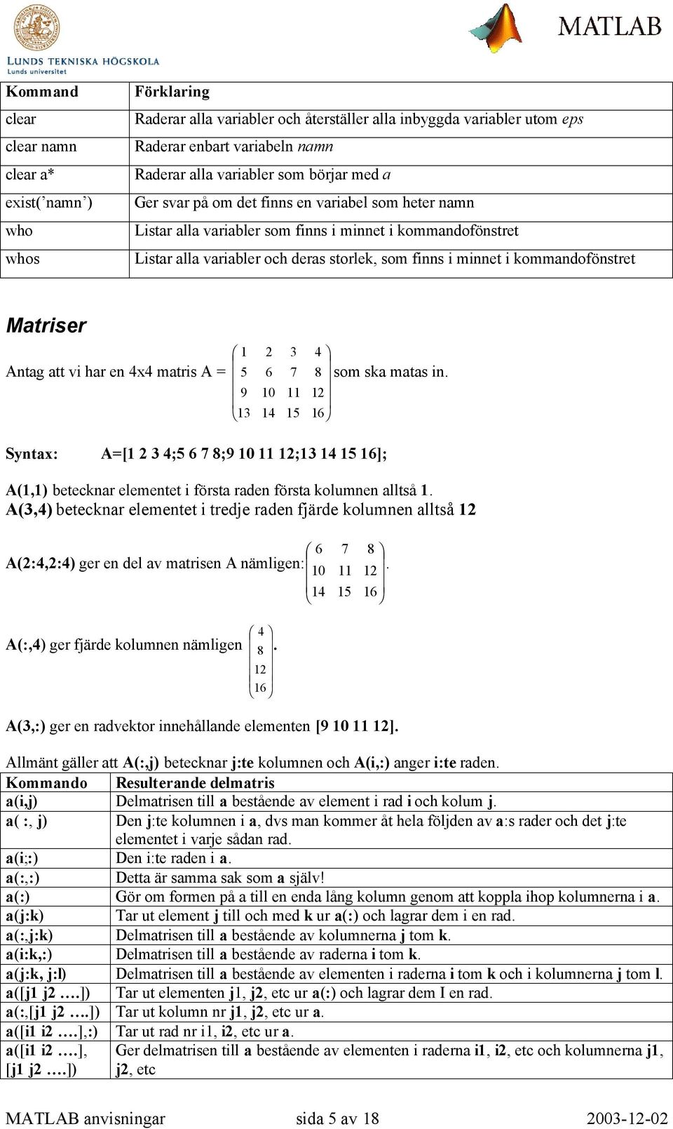 kommandofönstret Matriser Antag att vi har en 4x4 matris A = 1 2 3 4 5 6 7 8 som ska matas in.