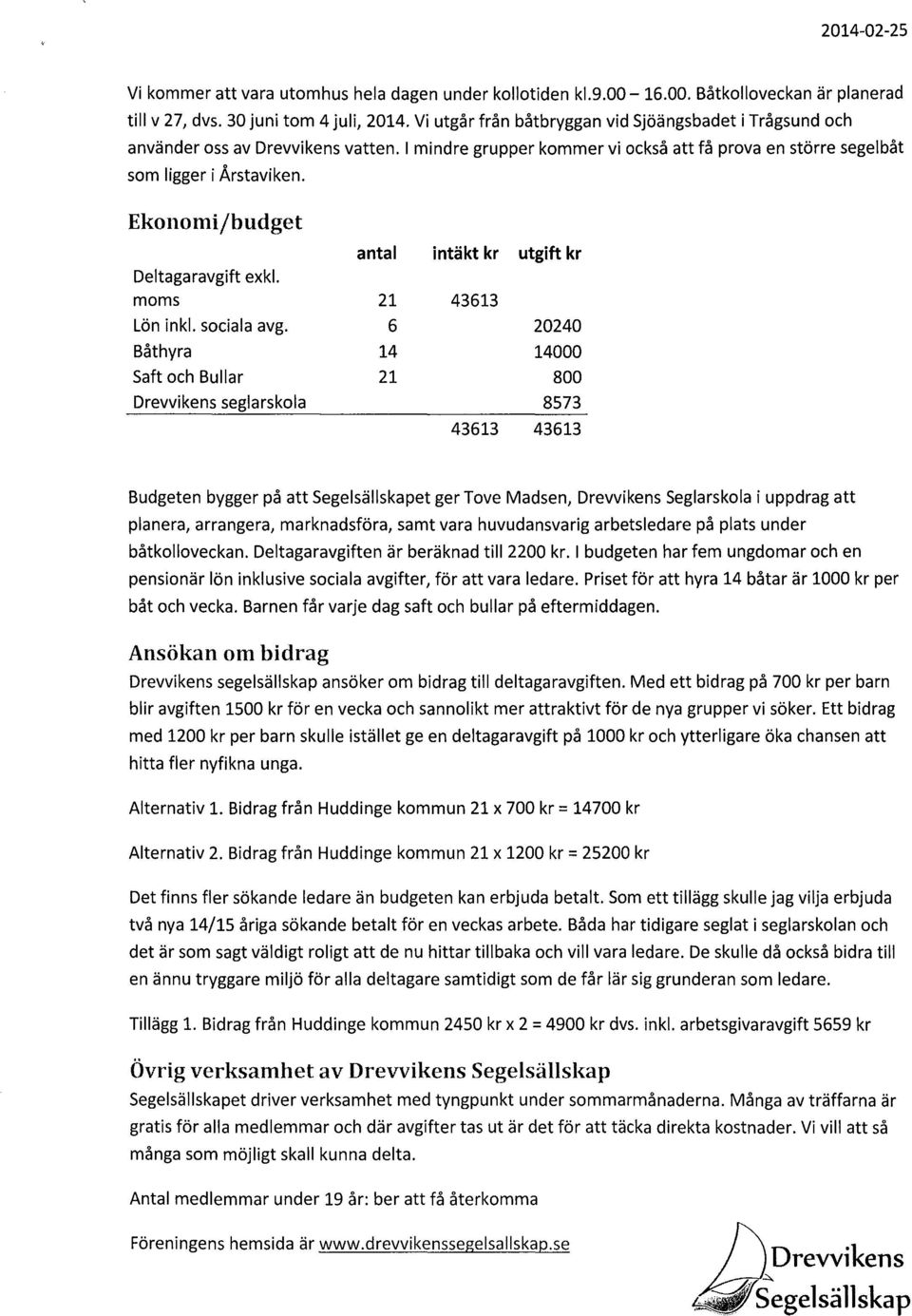 Ekonomi/budget antal intäkt kr utgift kr Deltagaravgift exkl. moms 21 43613 Lön inkl. sociala avg.