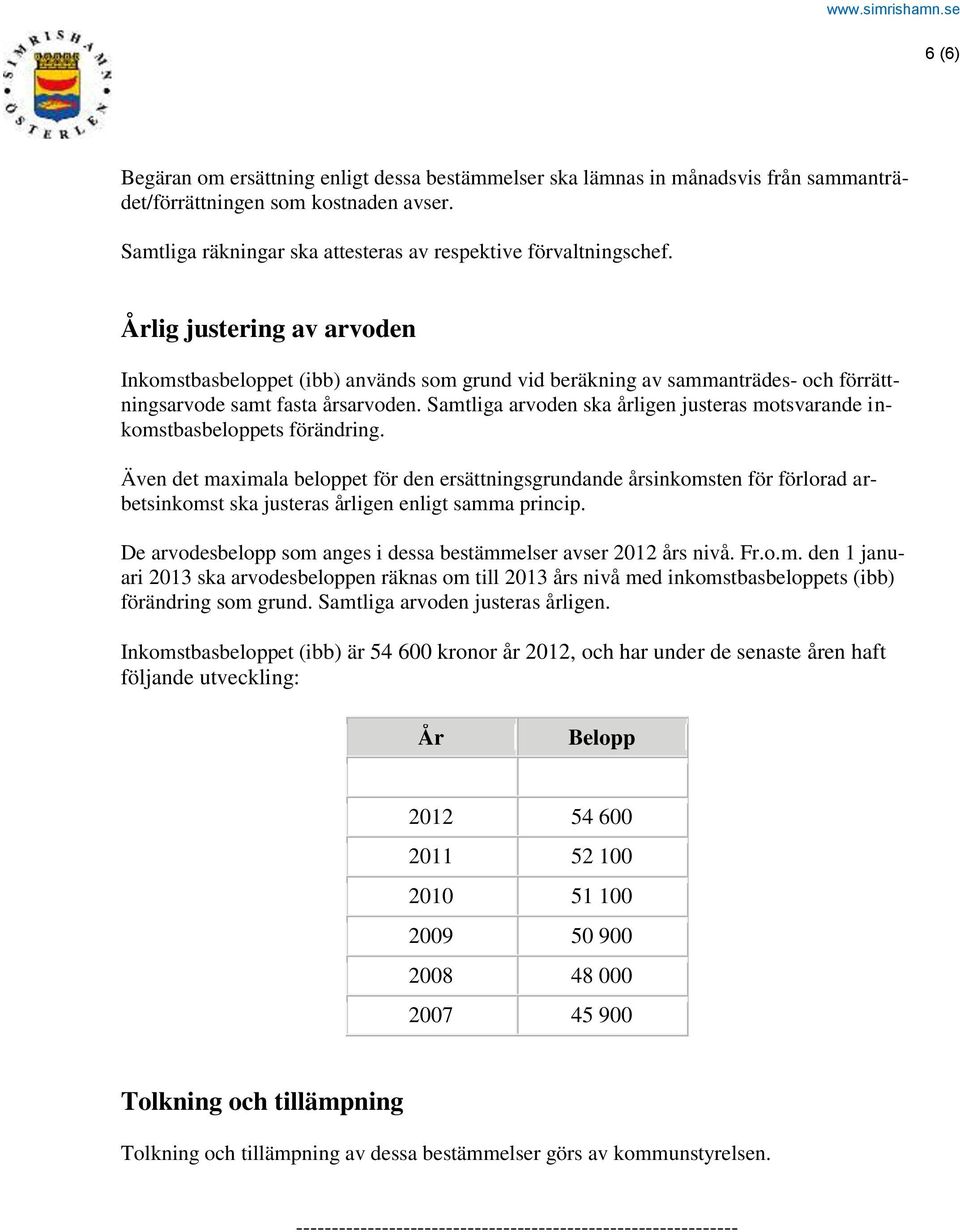 Samtliga arvoden ska årligen justeras motsvarande inkomstbasbeloppets förändring.