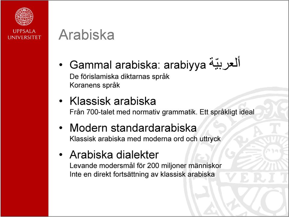 Ett språkligt ideal Modern standardarabiska Klassisk arabiska med moderna ord och