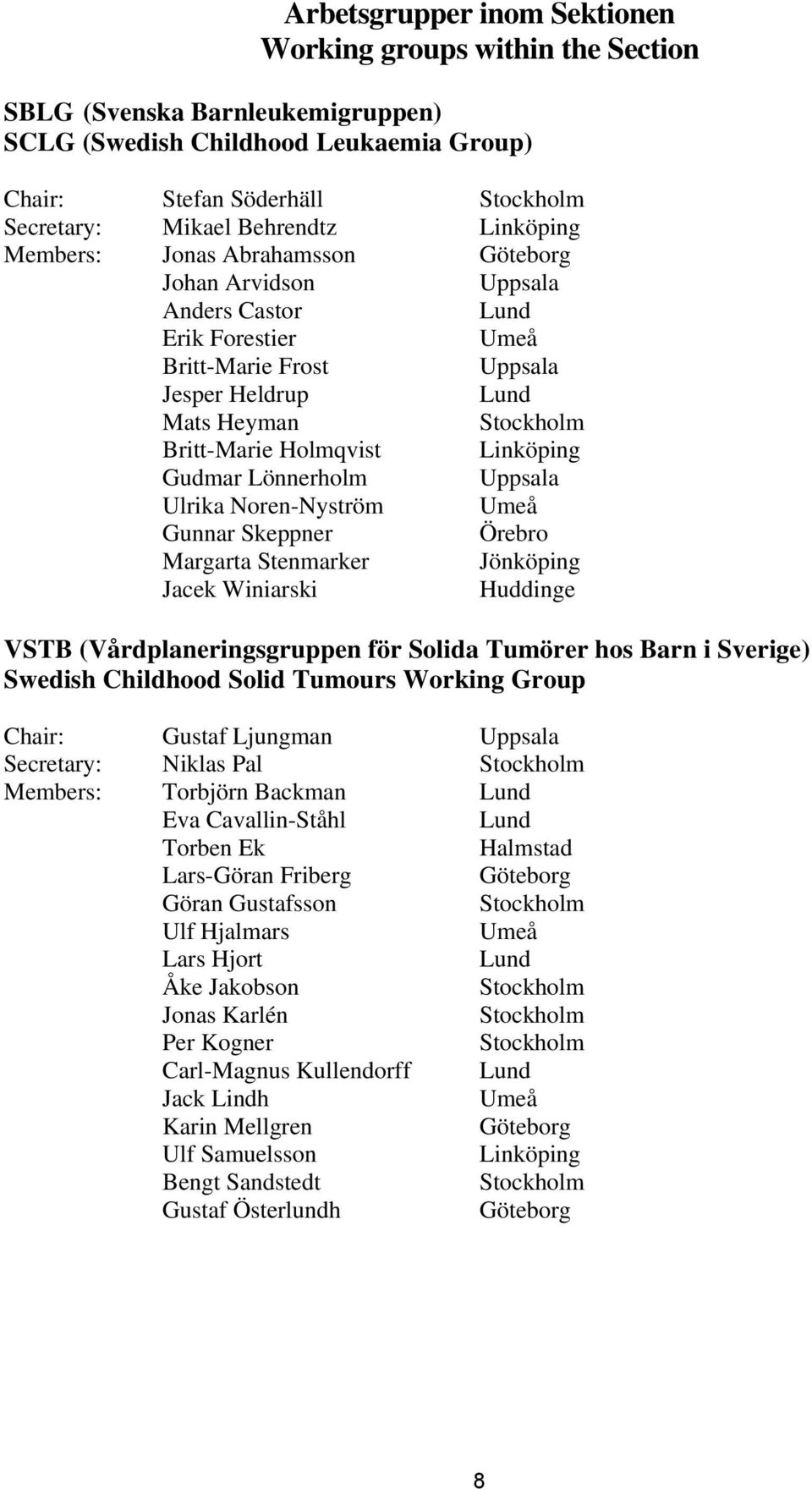 Linköping Gudmar Lönnerholm Uppsala Ulrika Noren-Nyström Umeå Gunnar Skeppner Örebro Margarta Stenmarker Jönköping Jacek Winiarski Huddinge VSTB (Vårdplaneringsgruppen för Solida Tumörer hos Barn i