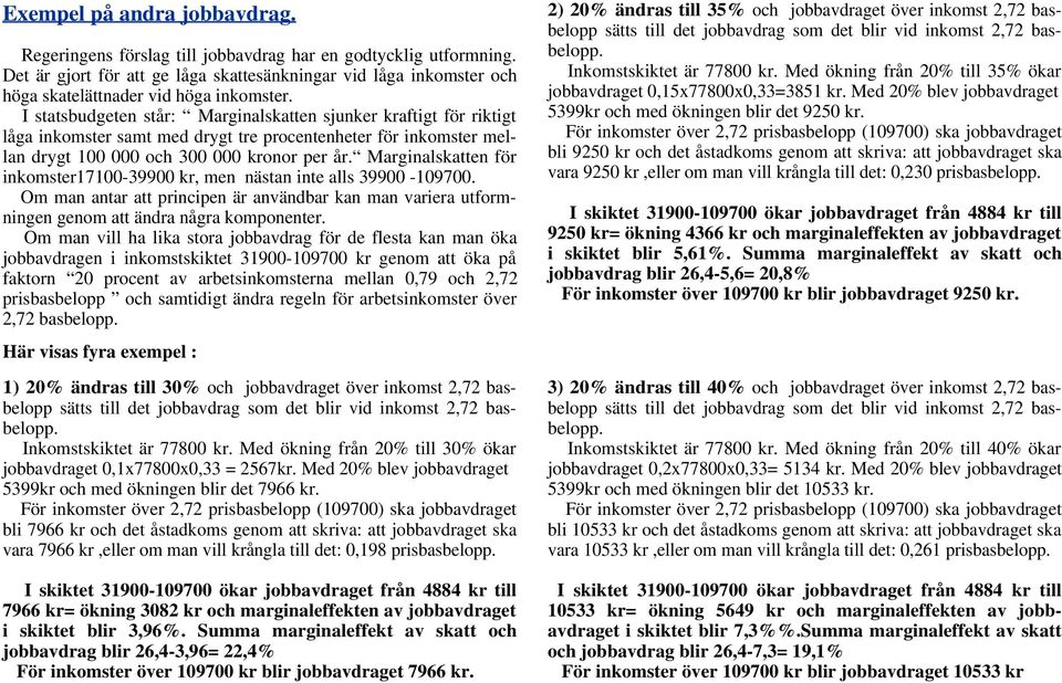 I statsbudgeten står: Marginalskatten sjunker kraftigt för riktigt låga inkomster samt med drygt tre procentenheter för inkomster mellan drygt 100 000 och 300 000 kronor per år.