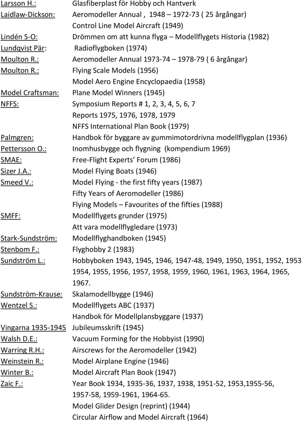 Historia (1982) Lundqvist Pär: Radioflygboken (1974) Moulton R.: Aeromodeller Annual 1973-74 1978-79 ( 6 årgångar) Moulton R.