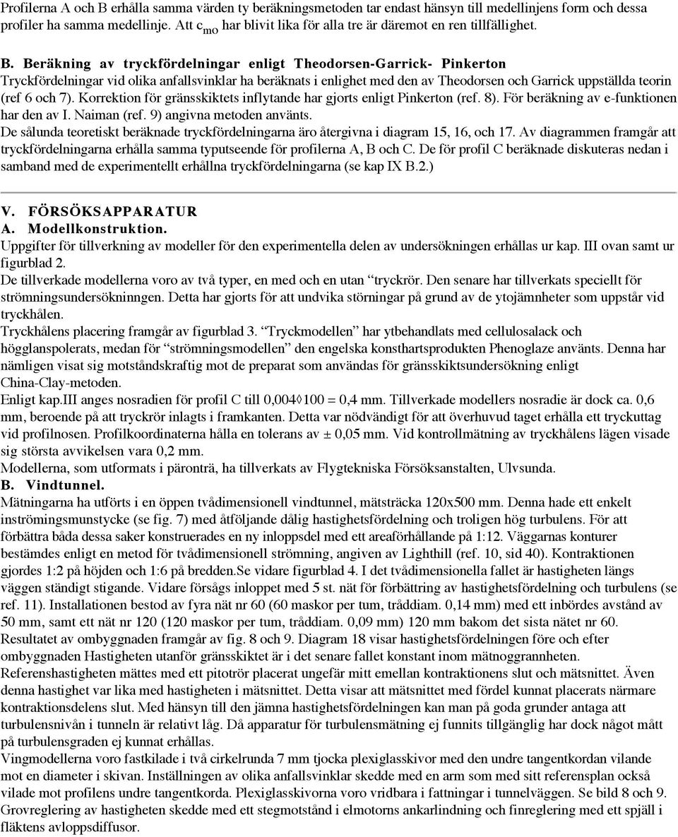 Beräkning av tryckfördelningar enligt Theodorsen-Garrick- Pinkerton Tryckfördelningar vid olika anfallsvinklar ha beräknats i enlighet med den av Theodorsen och Garrick uppställda teorin (ref 6 och