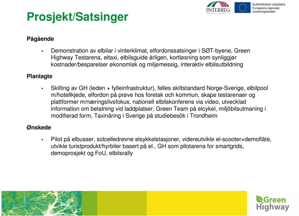 m/hotellkjede, elfordon på prøve hos foretak och kommun, skape testarenaer og plattformer m/næringslivsfokus, nationell elbilskonferens via video, utvecklad information om betalning vid laddplatser,