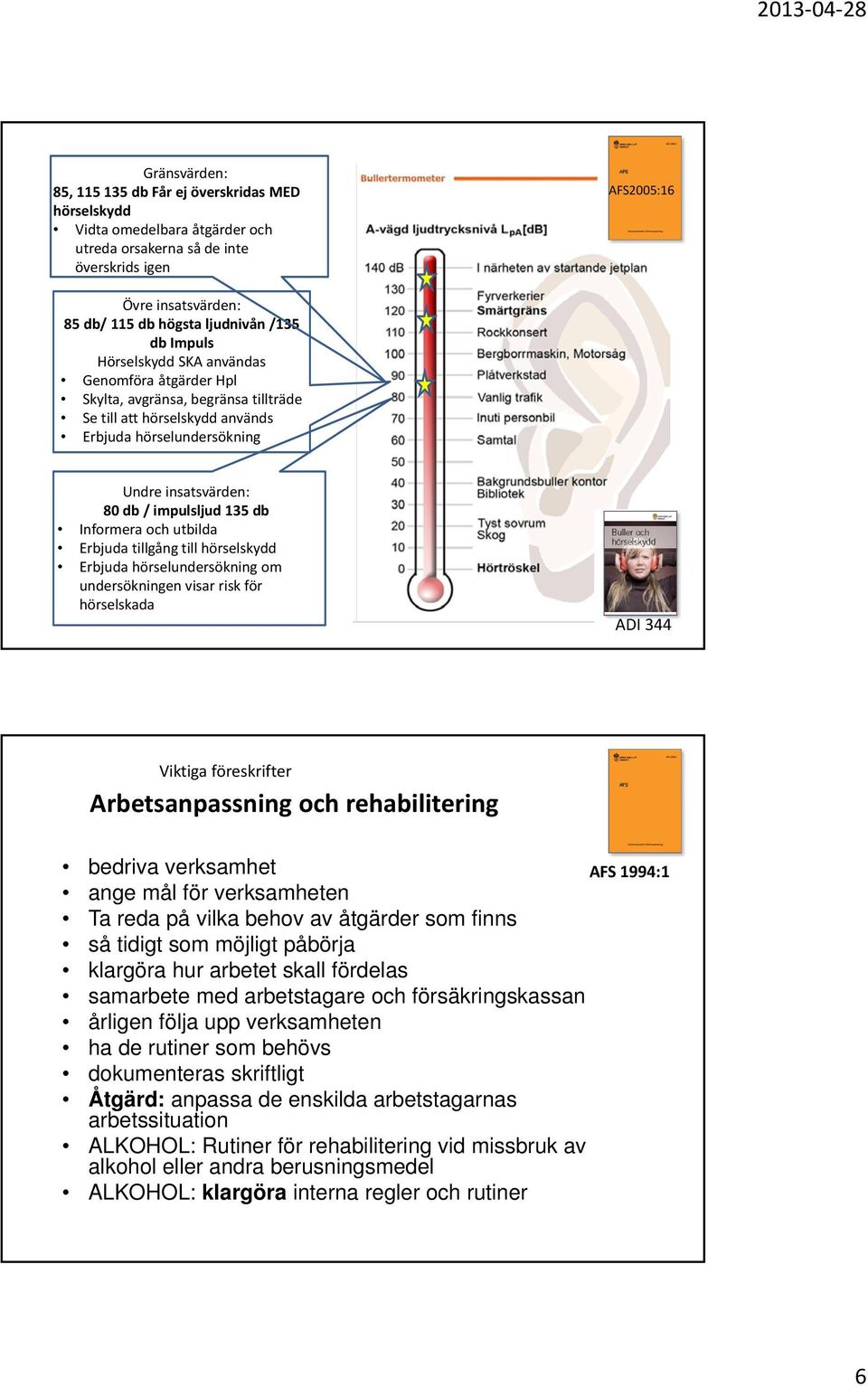 135 db Informera och utbilda Erbjuda tillgång till hörselskydd Erbjuda hörselundersökning om undersökningen visar risk för hörselskada ADI 344 Arbetsanpassning och rehabilitering bedriva verksamhet