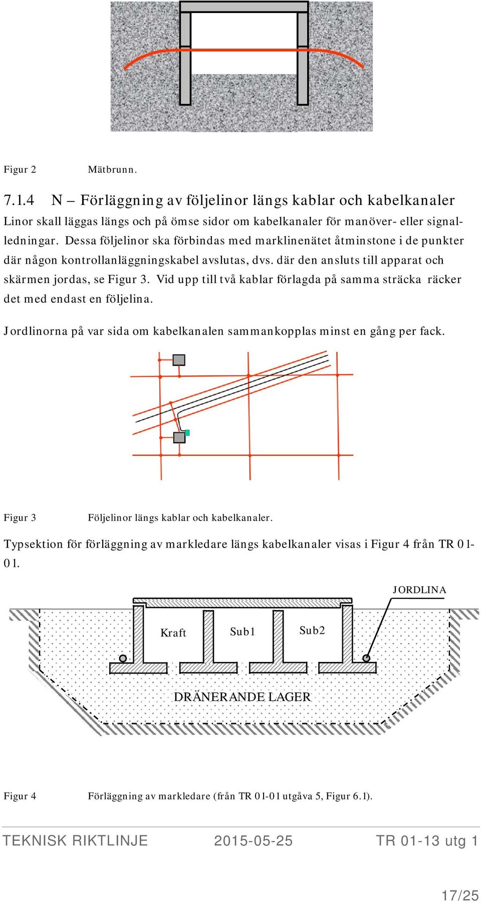 Vid upp till två kablar förlagda på samma sträcka räcker det med endast en följelina. Jordlinorna på var sida om kabelkanalen sammankopplas minst en gång per fack.