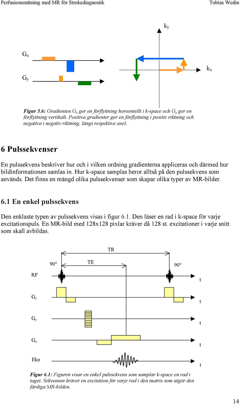 6 Pulssekvenser En pulssekvens beskriver hur och i vilken ordning gradienerna appliceras och därmed hur bildinformaionen samlas in. Hur k-space samplas beror allså på den pulssekvens som används.
