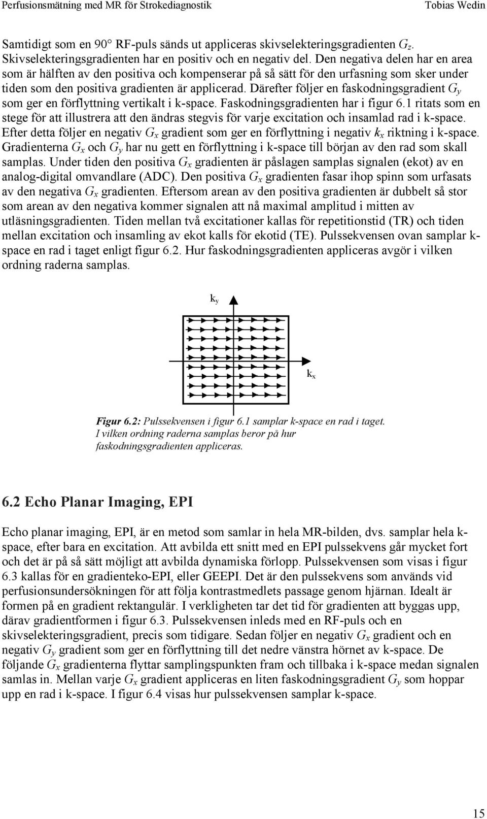 Därefer följer en faskodningsgradien G y som ger en förflyning verikal i k-space. Faskodningsgradienen har i figur 6.