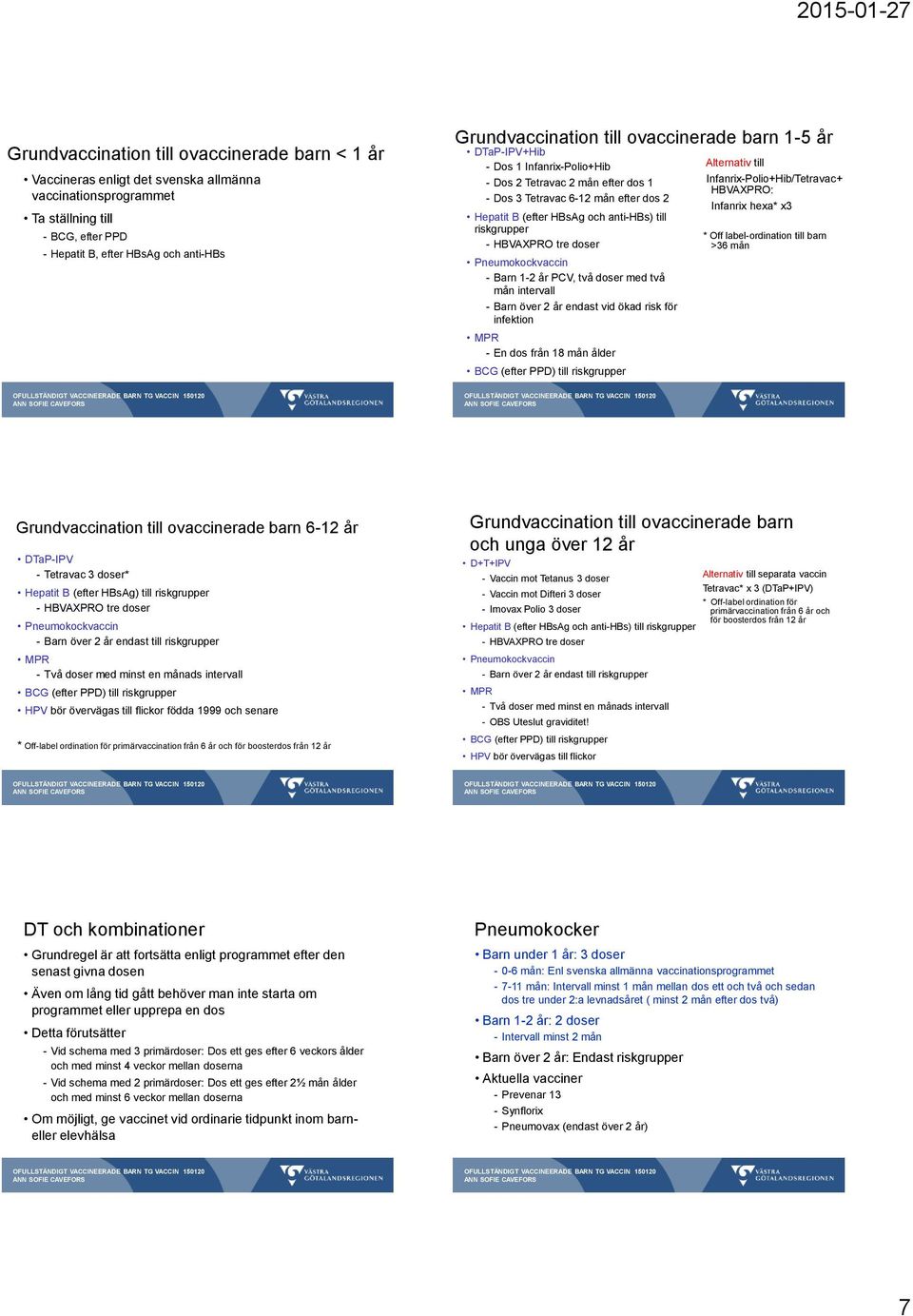 HBVAXPRO tre doser Pneumokockvaccin - Barn 1-2 år PCV, två doser med två mån intervall - Barn över 2 år endast vid ökad risk för infektion MPR - En dos från 18 mån ålder BCG (efter PPD) till