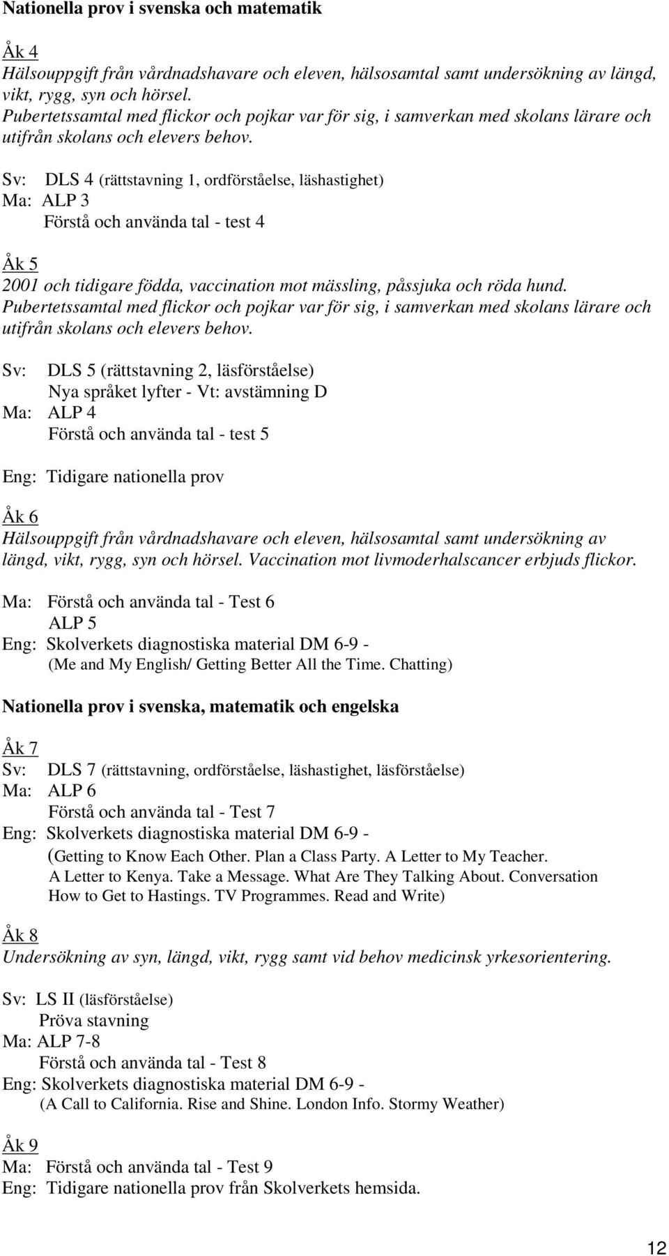 Sv: DLS 4 (rättstavning 1, ordförståelse, läshastighet) Ma: ALP 3 Förstå och använda tal - test 4 Åk 5 2001 och tidigare födda, vaccination mot mässling, påssjuka och röda hund.