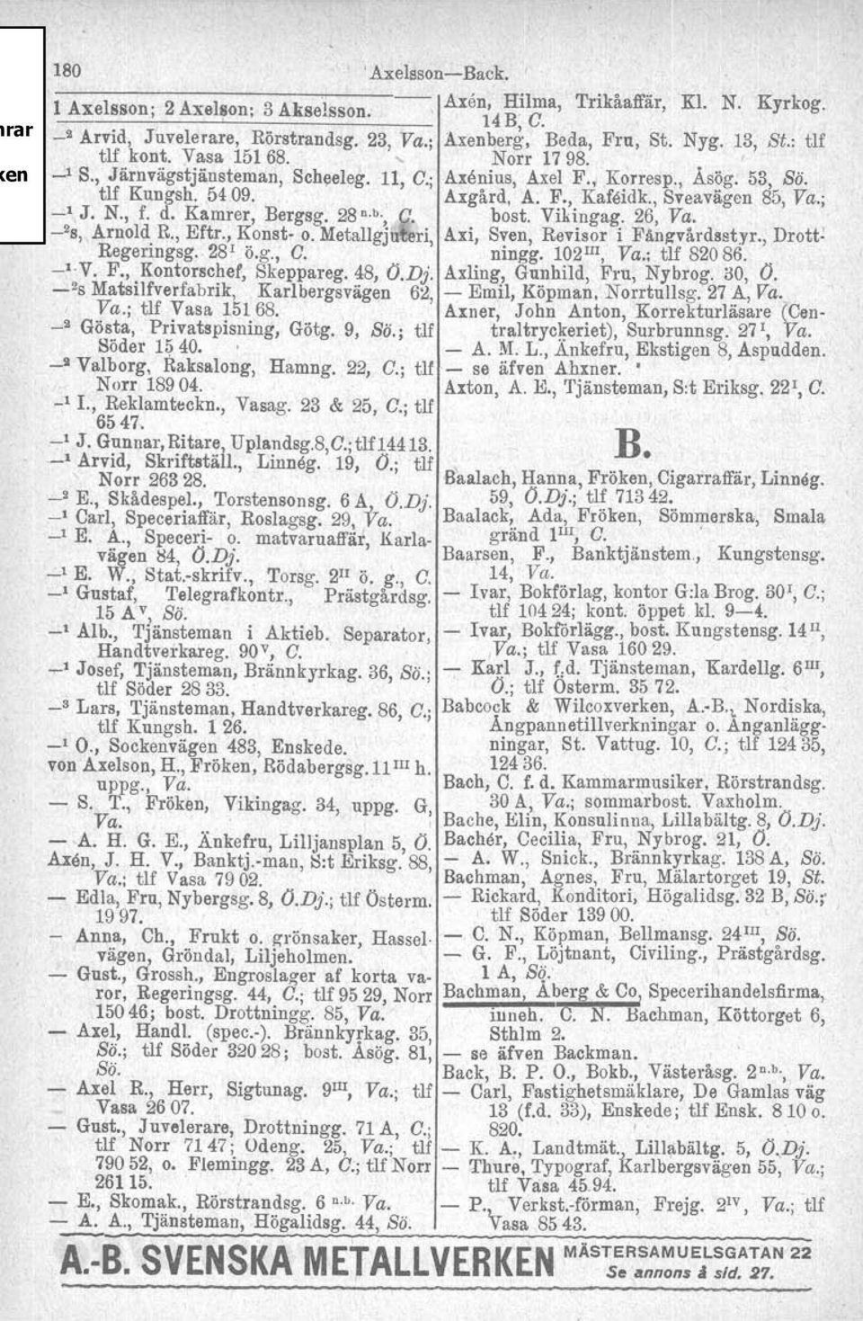 Kamrer, Bergsg. 28 n. b., C. bost. Vikingag. 26, Va. _2S, Arnold. R., Eftr., Konst o. Metallgjuteri, Axi, Sven, Revisor i Fängvårdsstyr., Regenngsg. 28 1 ö.g., C. ningg. 1021II, Va.; tlf 82086.