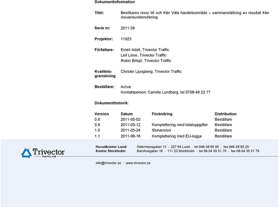 Distribution 0.8 2011-05-02 Beställare 0.9 2011-05-12 Komplettering med totaluppgifter Beställare 1.0 2011-05-24 Slutversion Beställare 1.