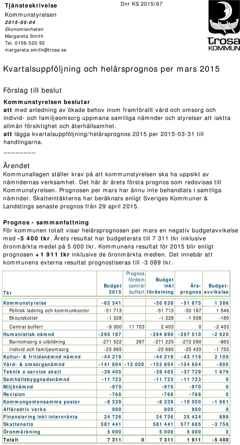 familjeomsorg uppmana samtliga nämnder och styrelser att iaktta allmän försiktighet och återhållsamhet. att lägga kvartalsuppföljning/helårsprognos 2015 per 2015-03-31 till handlingarna.