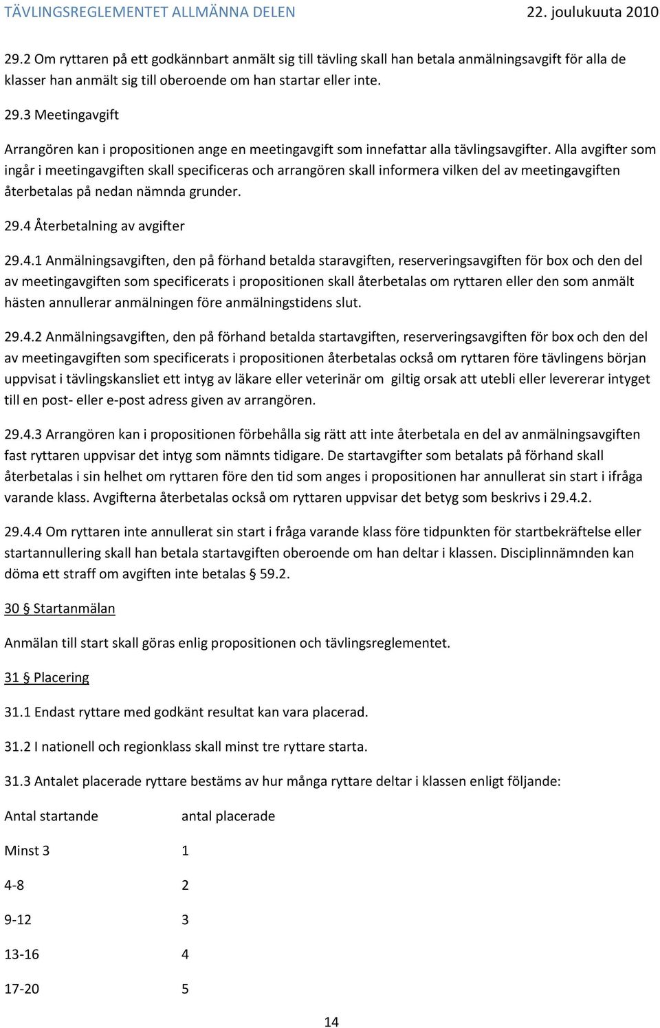 Alla avgifter som ingår i meetingavgiften skall specificeras och arrangören skall informera vilken del av meetingavgiften återbetalas på nedan nämnda grunder. 29.4 