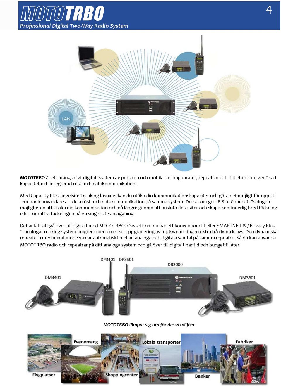 Med Capacity Plus singelsite Trunking lösning, kan du utöka din kommunikationskapacitet och göra det möjligt för upp till 1200 radioanvändare att dela röst- och datakommunikation på samma system.