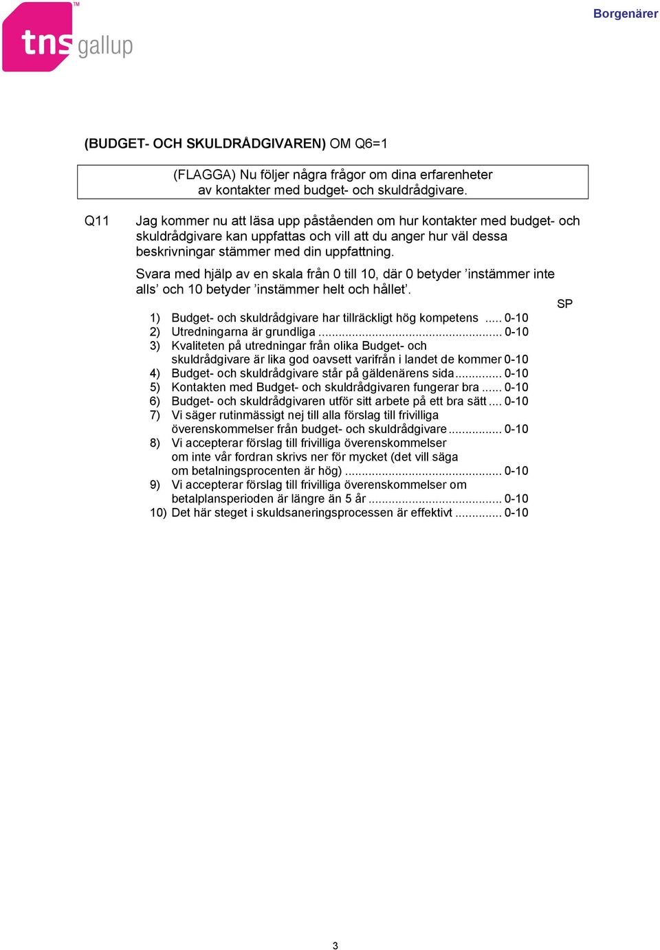Svara med hjälp av en skala från 0 till 10, där 0 betyder instämmer inte alls och 10 betyder instämmer helt och hållet. 1) Budget- och skuldrådgivare har tillräckligt hög kompetens.