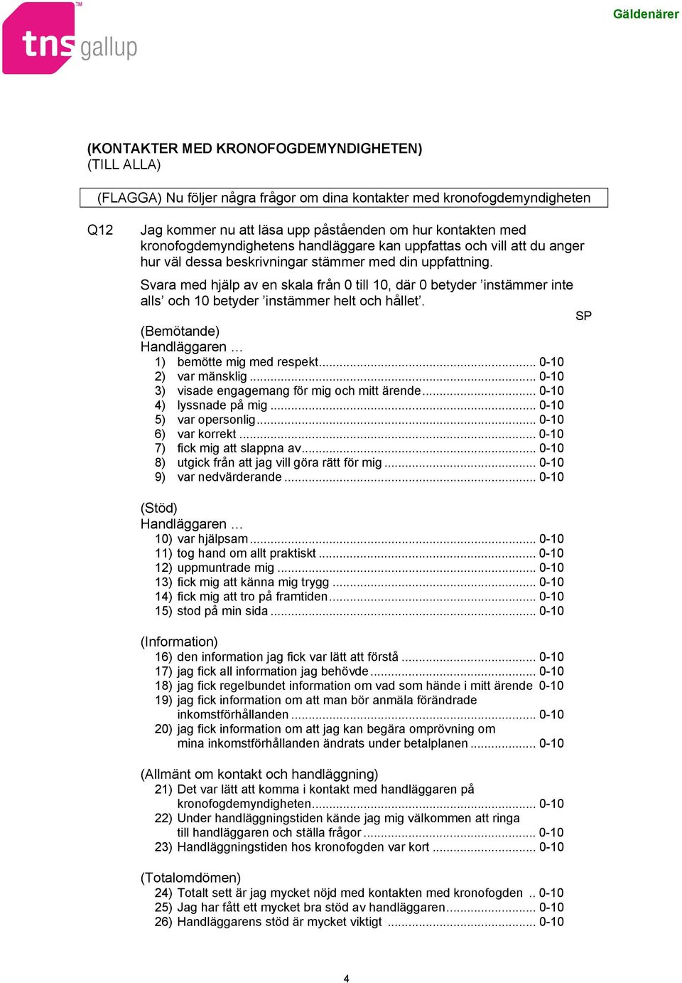 Svara med hjälp av en skala från 0 till 10, där 0 betyder instämmer inte alls och 10 betyder instämmer helt och hållet. (Bemötande) Handläggaren 1) bemötte mig med respekt... 0-10 2) var mänsklig.