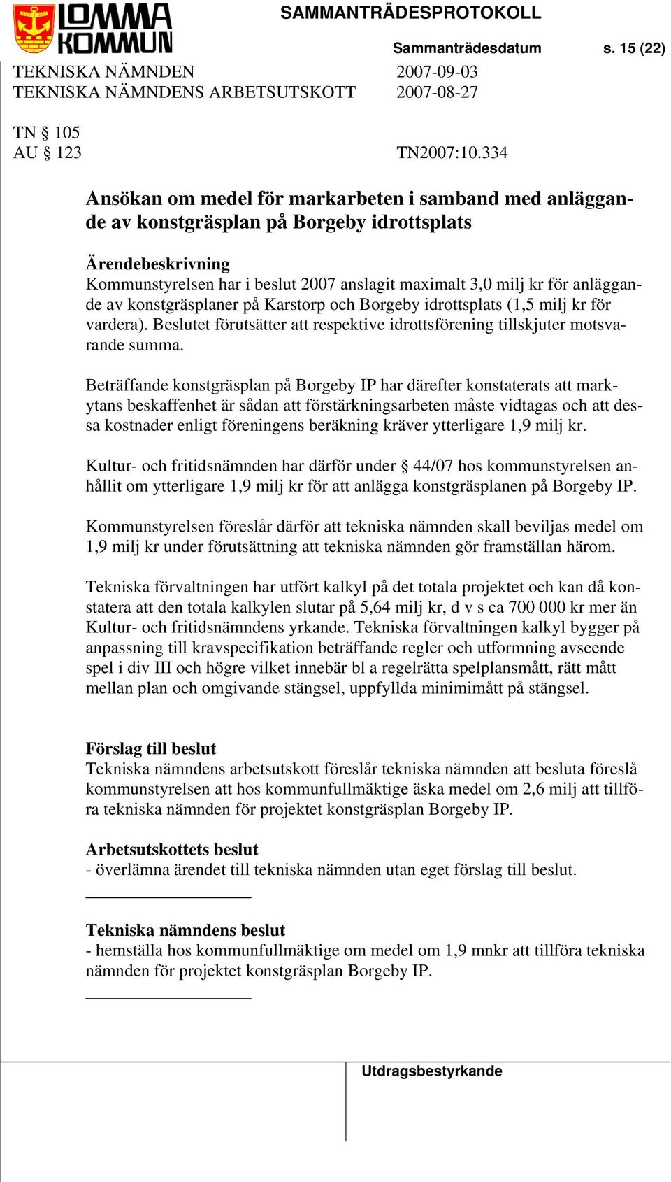 konstgräsplaner på Karstorp och Borgeby idrottsplats (1,5 milj kr för vardera). Beslutet förutsätter att respektive idrottsförening tillskjuter motsvarande summa.