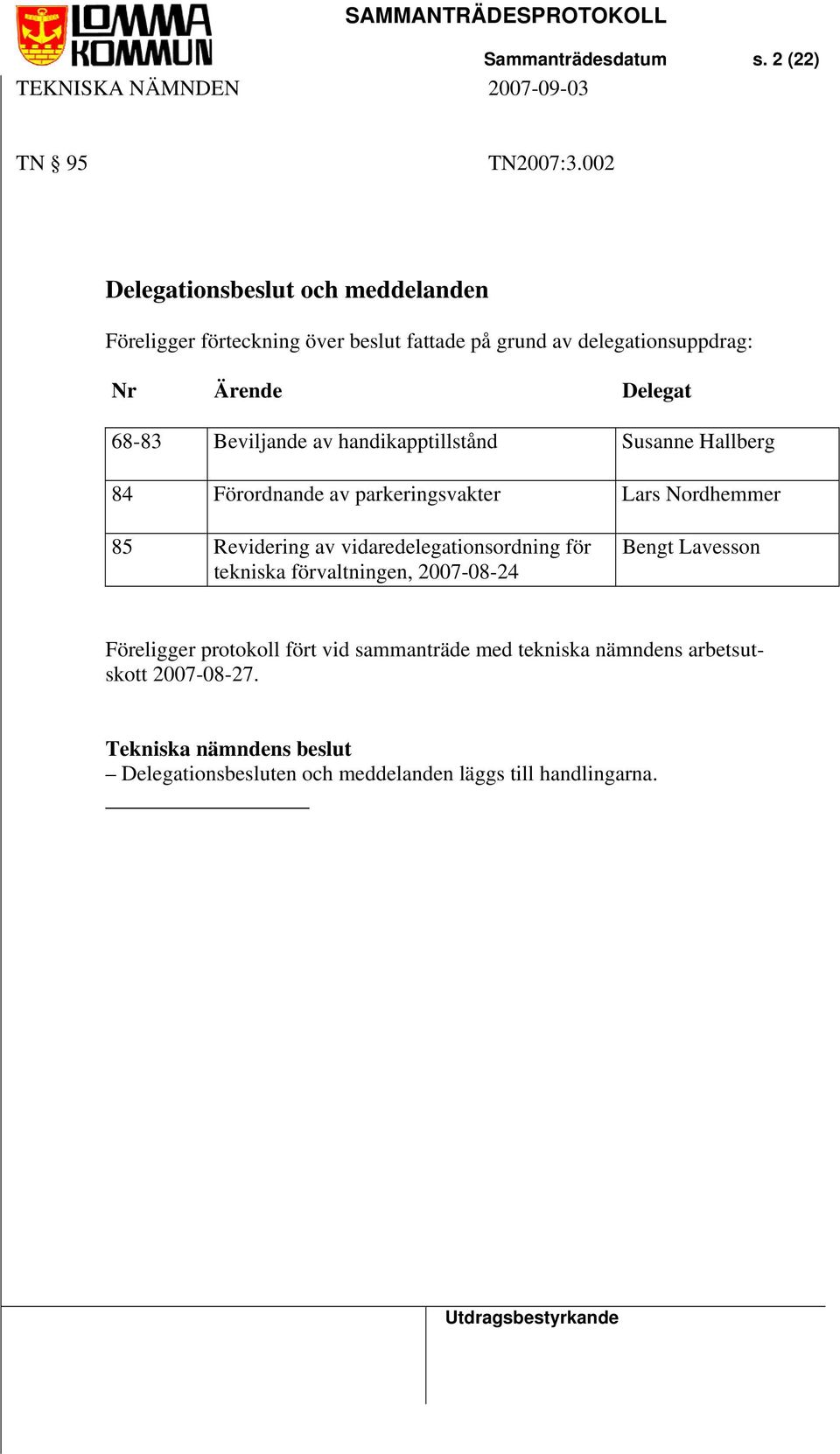 68-83 Beviljande av handikapptillstånd Susanne Hallberg 84 Förordnande av parkeringsvakter Lars Nordhemmer 85 Revidering av