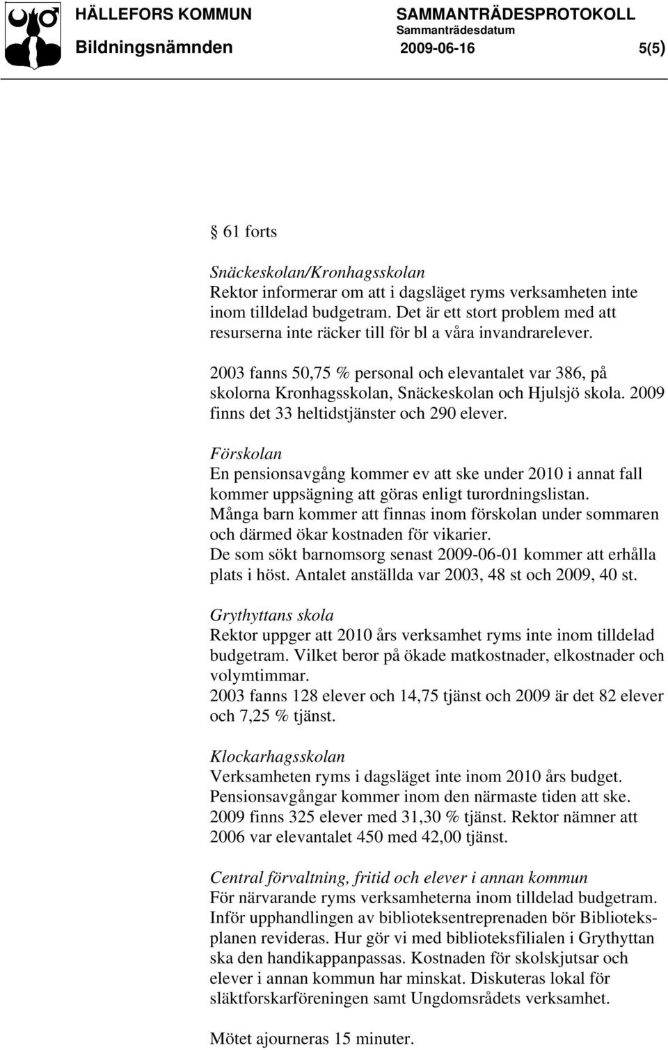 2003 fanns 50,75 % personal och elevantalet var 386, på skolorna Kronhagsskolan, Snäckeskolan och Hjulsjö skola. 2009 finns det 33 heltidstjänster och 290 elever.