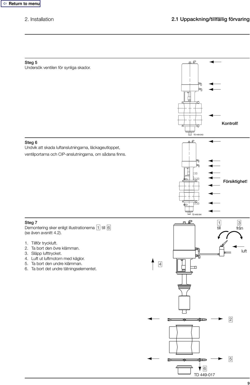 Steg 7 Demontering sker enligt illustrationerna 1 till 6 (se även avsnitt 4.2). 1 till 3 från 1. Tillför tryckluft. 2.