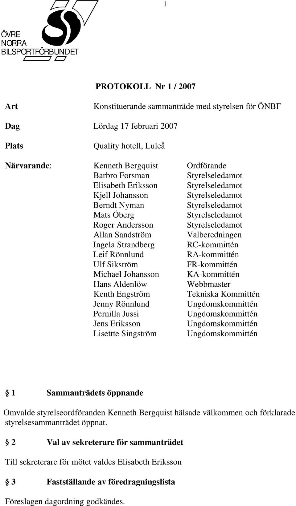 Allan Sandström Valberedningen Ingela Strandberg RC-kommittén Leif Rönnlund RA-kommittén Ulf Sikström FR-kommittén Michael Johansson KA-kommittén Hans Aldenlöw Webbmaster Kenth Engström Tekniska