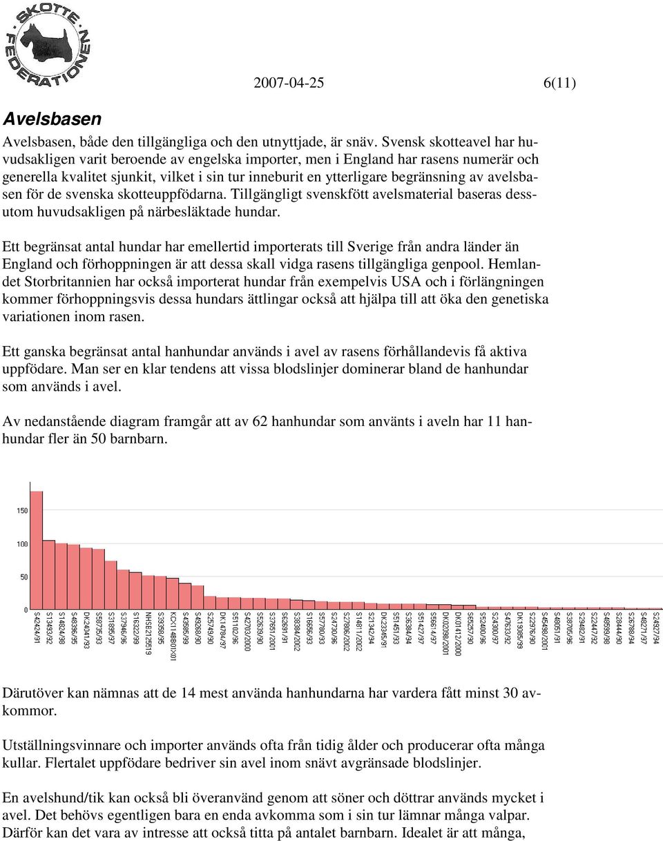 avelsbasen för de svenska skotteuppfödarna. Tillgängligt svenskfött avelsmaterial baseras dessutom huvudsakligen på närbesläktade hundar.