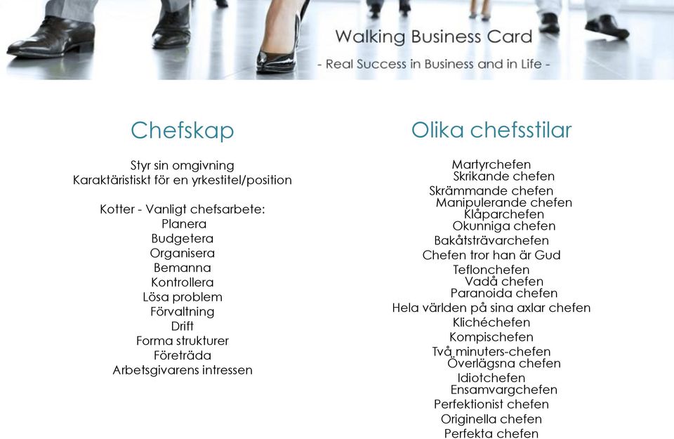 Manipulerande chefen Klåparchefen Okunniga chefen Bakåtsträvarchefen Chefen tror han är Gud Teflonchefen Vadå chefen Paranoida chefen Hela världen på