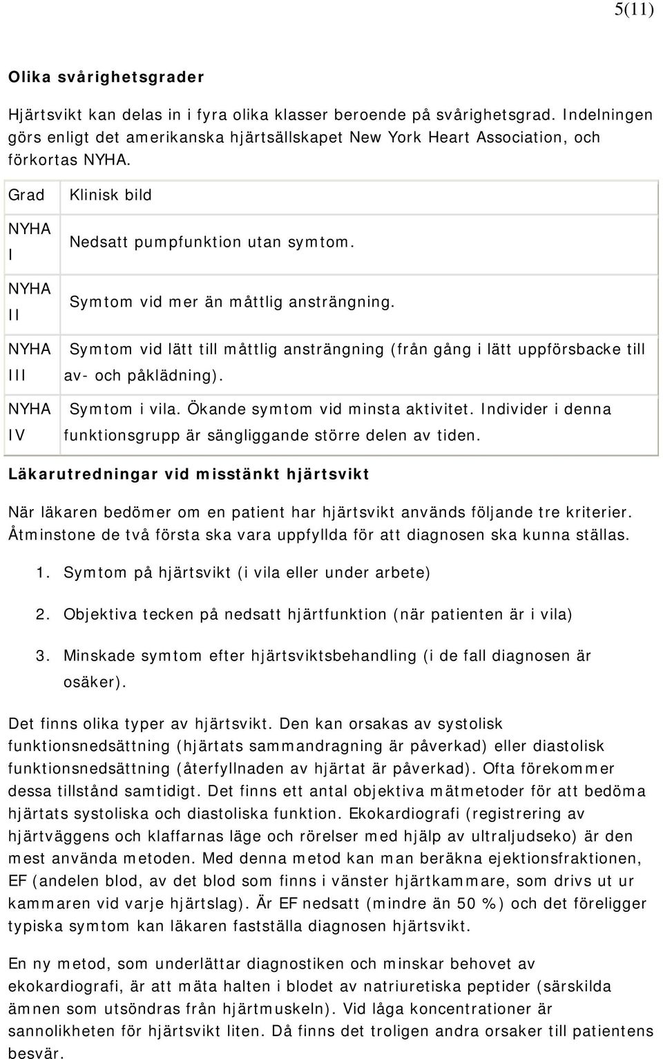 Symtom vid mer än måttlig ansträngning. Symtom vid lätt till måttlig ansträngning (från gång i lätt uppförsbacke till av- och påklädning). Symtom i vila. Ökande symtom vid minsta aktivitet.