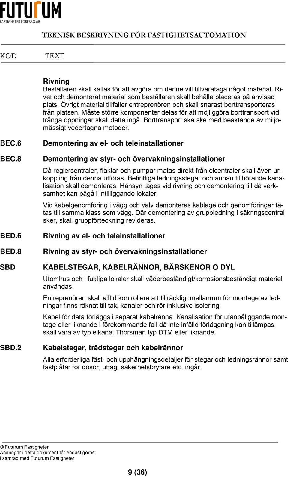 Borttransport ska ske med beaktande av miljömässigt vedertagna metoder. BEC.6 BEC.8 BED.6 BED.8 SBD SBD.