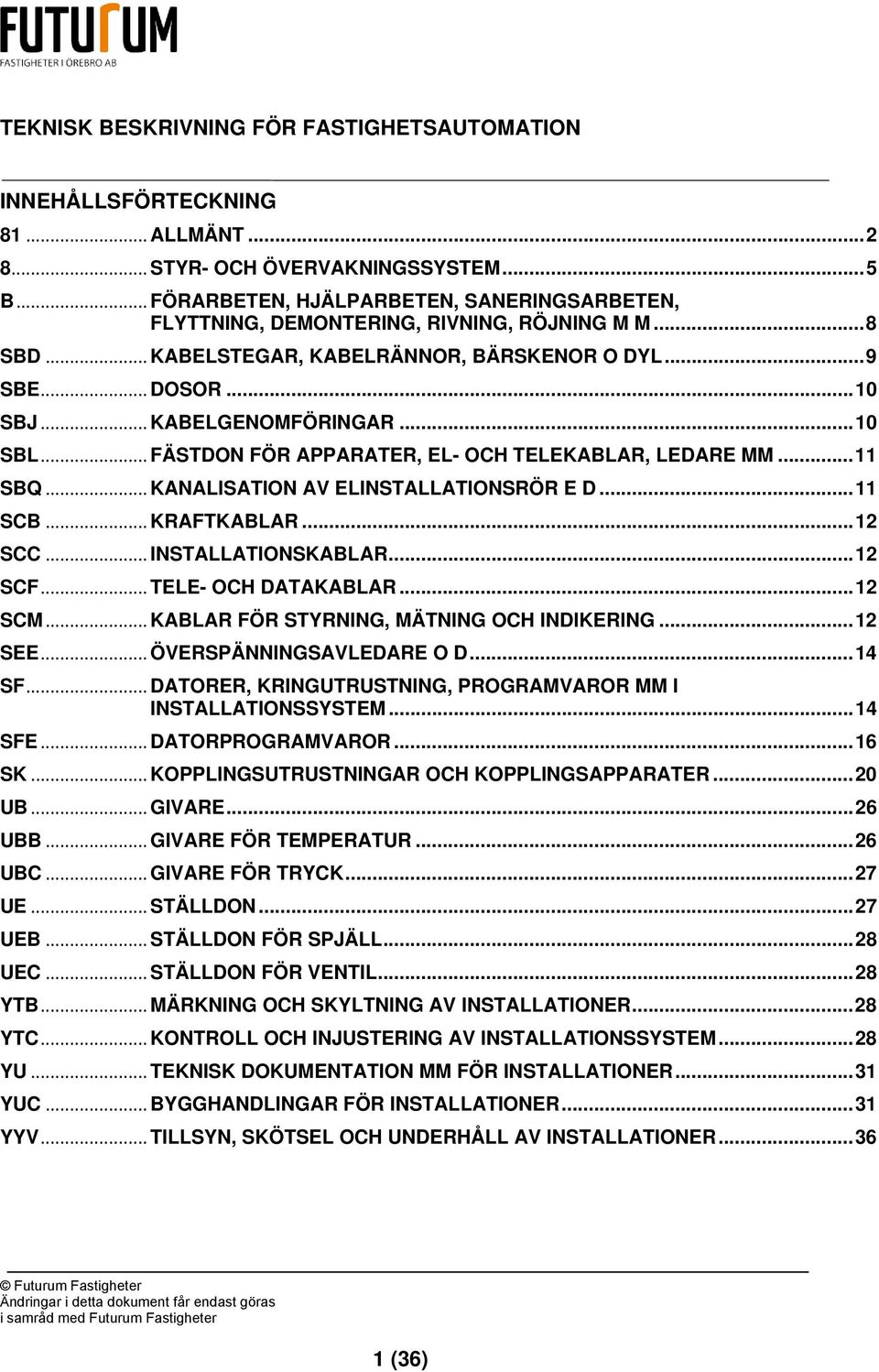 .. KANALISATION AV ELINSTALLATIONSRÖR E D... 11 SCB... KRAFTKABLAR... 12 SCC... INSTALLATIONSKABLAR... 12 SCF... TELE- OCH DATAKABLAR... 12 SCM... KABLAR FÖR STYRNING, MÄTNING OCH INDIKERING... 12 SEE.