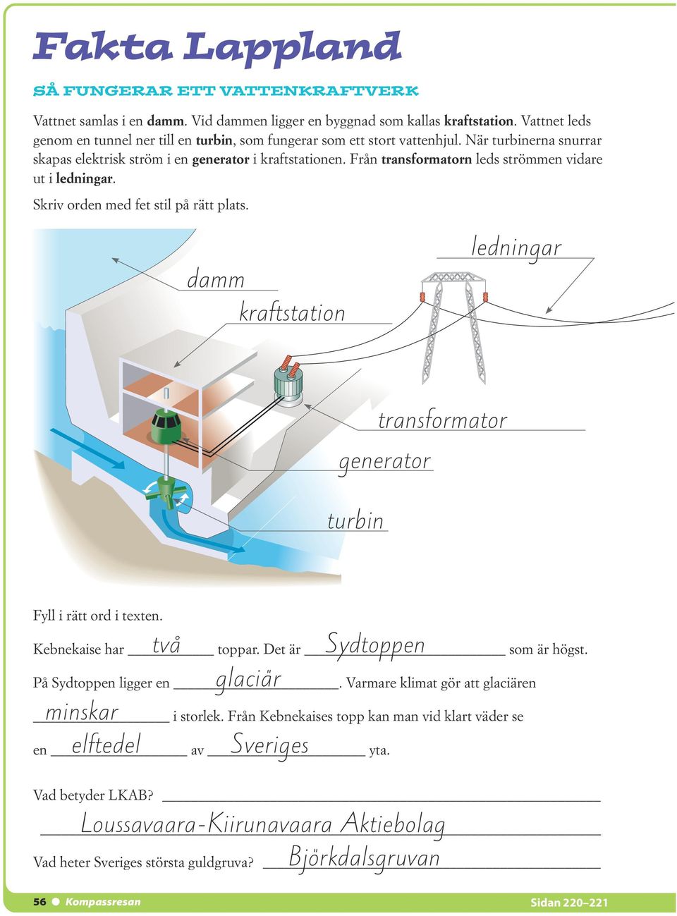 Från transformatorn leds strömmen vidare ut i ledningar. Skriv orden med fet stil på rätt plats. damm kraftstation ledningar transformator generator turbin Fyll i rätt ord i texten.