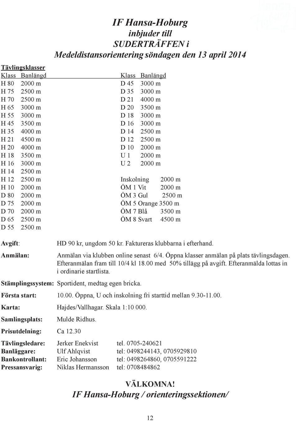 2000 m H 14 2500 m H 12 2500 m Inskolning 2000 m H 10 2000 m ÖM 1 Vit 2000 m D 80 2000 m ÖM 3 Gul 2500 m D 75 2000 m ÖM 5 Orange 3500 m D 70 2000 m ÖM 7 Blå 3500 m D 65 2500 m ÖM 8 Svart 4500 m D 55