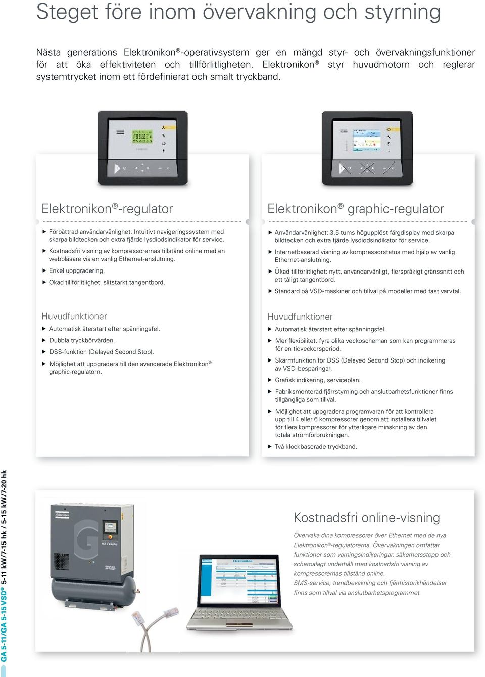 Elektronikon -regulator Elektronikon graphic-regulator Förbättrad användarvänlighet: Intuitivt navigeringssystem med skarpa bildtecken och extra fjärde lysdiodsindikator för service.