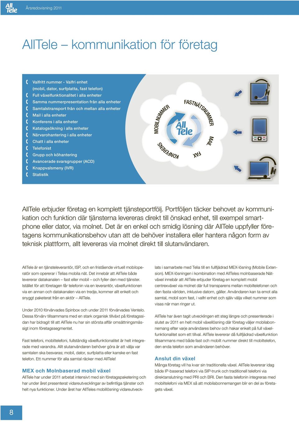 köhantering Avancerade svarsgrupper (ACD) Knappvalsmeny (IVR) Statistik MOBILNUMMER KONFERENS FASTNÄTSNUMMER FAX MAIL AllTele erbjuder företag en komplett tjänsteportfölj.