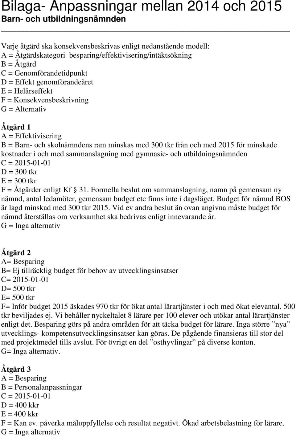 från och med 2015 för minskade kostnader i och med sammanslagning med gymnasie- och utbildningsnämnden C = 2015-01-01 D = 300 tkr E = 300 tkr F = Åtgärder enligt Kf 31.