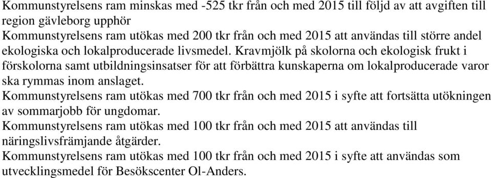 Kravmjölk på skolorna och ekologisk frukt i förskolorna samt utbildningsinsatser för att förbättra kunskaperna om lokalproducerade varor ska rymmas inom anslaget.