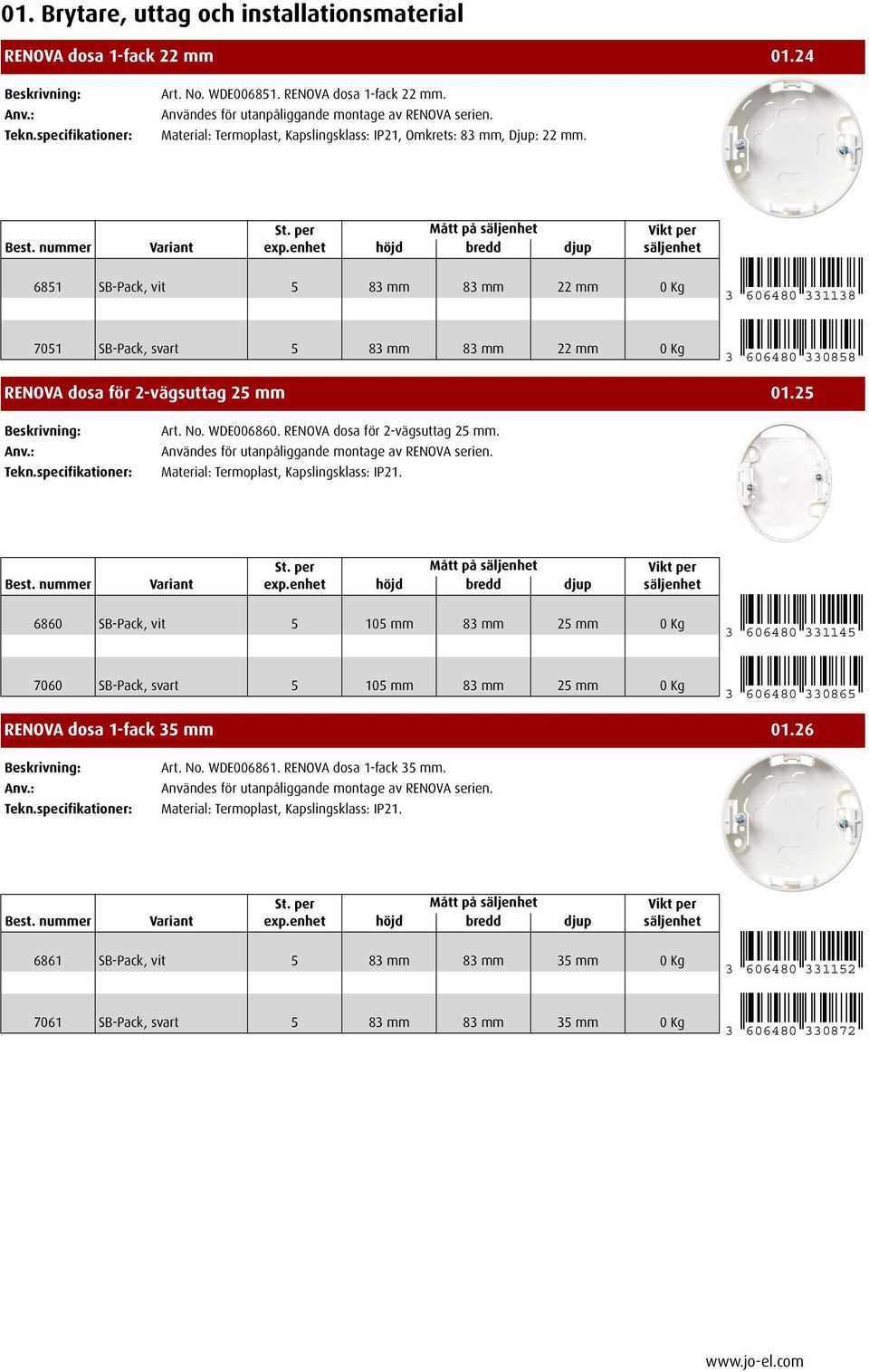 6851 SB-Pack, vit 5 83 mm 83 mm 22 mm 0Kg 3 606480 331138 7051 SB-Pack, svart 5 83 mm 83 mm 22 mm 0Kg 3 606480 330858 RENOVA dosa för 2-vägsuttag 25 mm 01.25 Art. No. WDE006860.