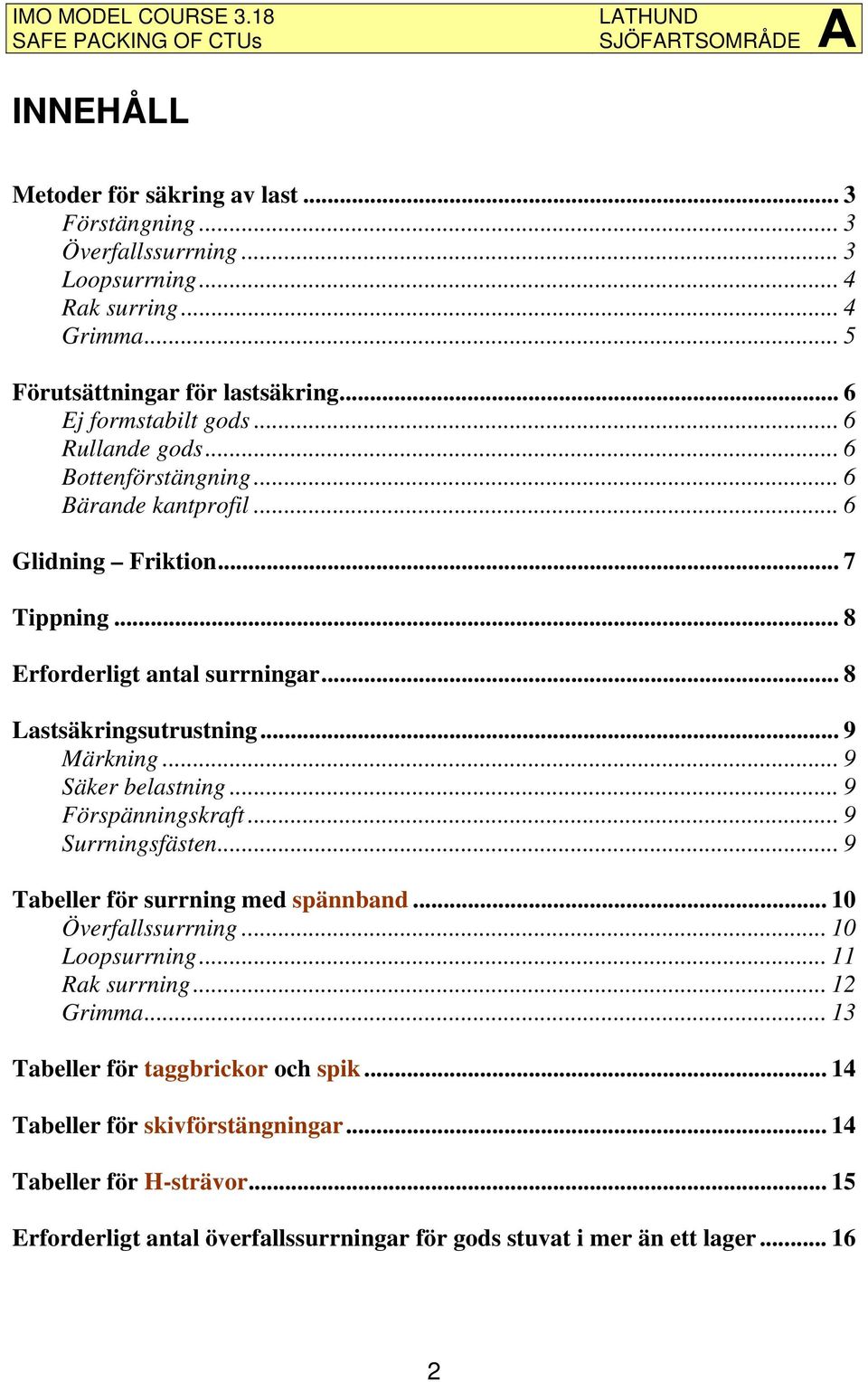 .. 9 Säker belastning... 9 Förspänningskraft... 9 Surrningsfästen... 9 Tabeller för surrning med spännband... 10 Överfallssurrning... 10 Loopsurrning... 11 Rak surrning... 12 Grimma.