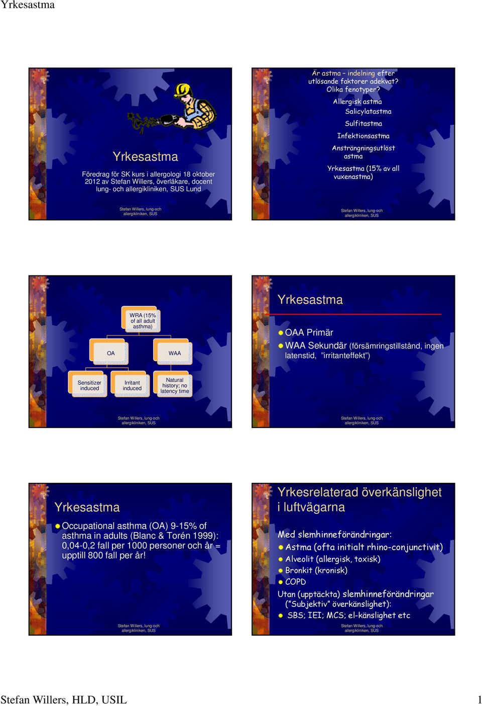 latenstid, irritanteffekt ) Sensitizer induced Irritant induced Natural history; no latency time Occupational asthma (OA) 9-15% of asthma in adults (Blanc & Torén 1999): 0,04-0,2 fall per 1000