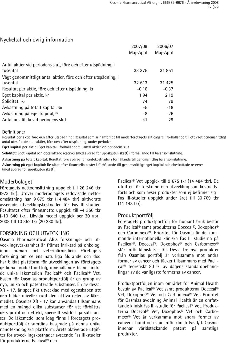 % -5-18 Avkastning på eget kapital, % -8-26 Antal anställda vid periodens slut 41 29 Definitioner Resultat per aktie före och efter utspädning: Resultat som är hänförligt till moderföretagets