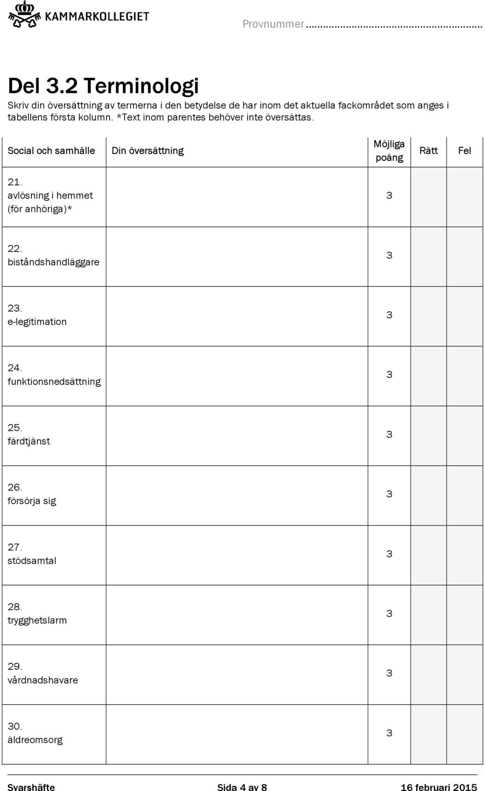 avlösning i hemmet (för anhöriga)* Möjliga poäng Rätt Fel 22. biståndshandläggare 2. e-legitimation 24.